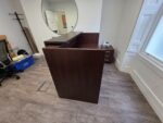 Modern Reception Desk Counter with Matching 3 Drawer Mobile Pedestal - Dark Wood - Image 11