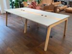 4 Person Bench Desk - Light Grey Tops, Wooden Legs and Power - 120cm Per Person