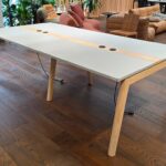 4 Person Bench Desk - Light Grey Tops, Wooden Legs and Power - 120cm Per Person