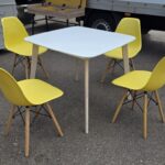 Meeting/Dining Table Set with 4 Yellow Eiffel Chairs, Wooden Legs and White Top
