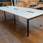 6 Person Office Desk – Bench Style with Light Grey Tops & Black Steel Frame