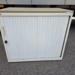 Desk Height Tambour Cupboard – Beige Cabinet & White Lockable Sliding Door