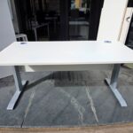 Rectangular Office Desk with White Top, Grey Legs and Modesty Panel - 160cm