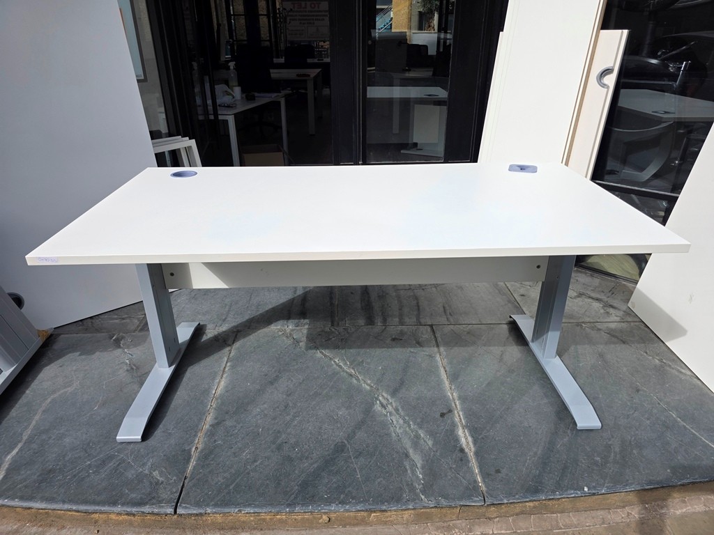 57-39 Rectangular Office Desk with White Top, Grey Legs and Modesty Panel - 160cm - Image 1