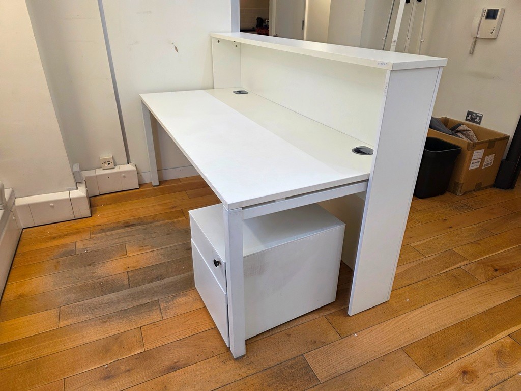 57-411 White Reception Desk with Raised Counter, Mobile Pedestal & Cable Management - Image 1