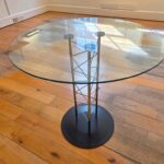 Round Glass Meeting Table - Chrome Lattice Pedestal & Black Steel Base - 80c