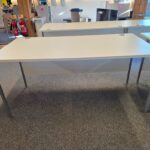 White Rectangular Office Desk | Modesty Panel, Cable Ports and Grey Frame- 160cm