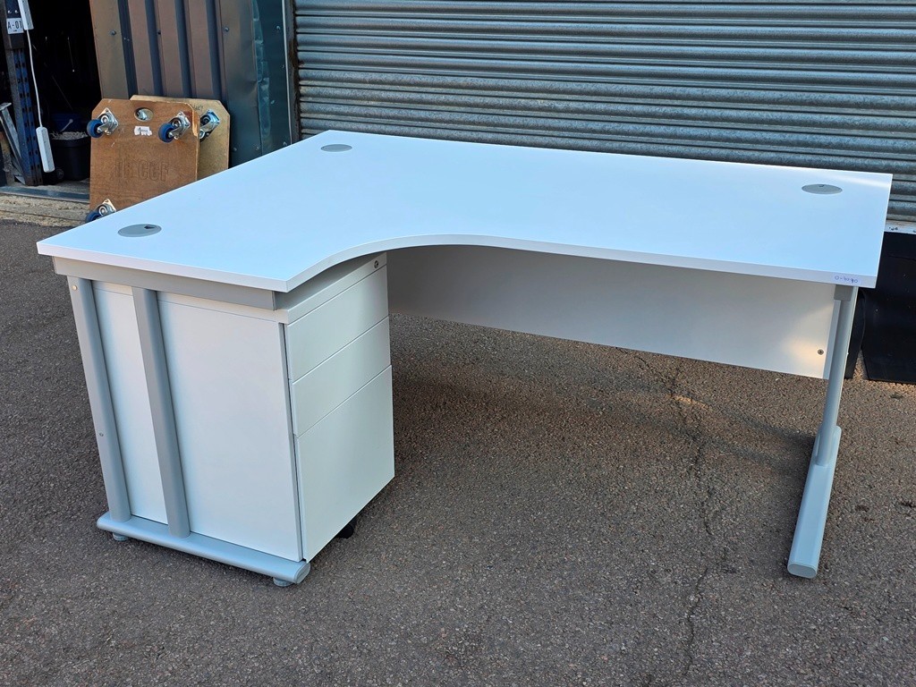 57-786 Left Hand Corner Desk with Mobile Pedestal | White L-Shaped Office Desk - 160cm - Image 1