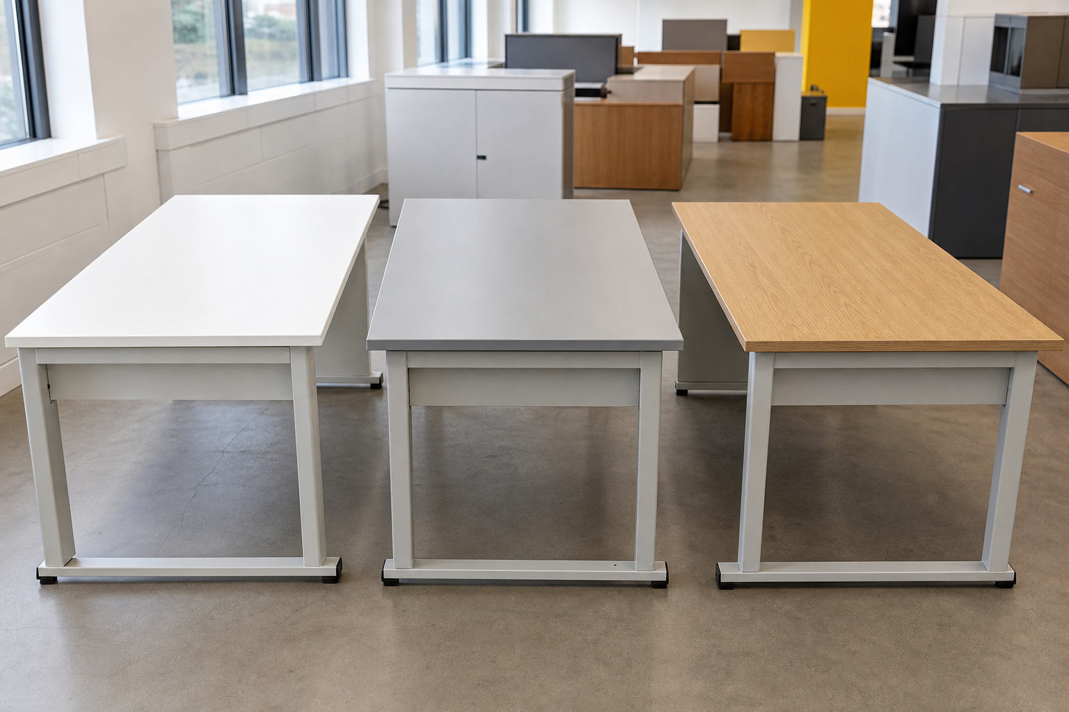 White, grey and wood-effect finishes on used office desks