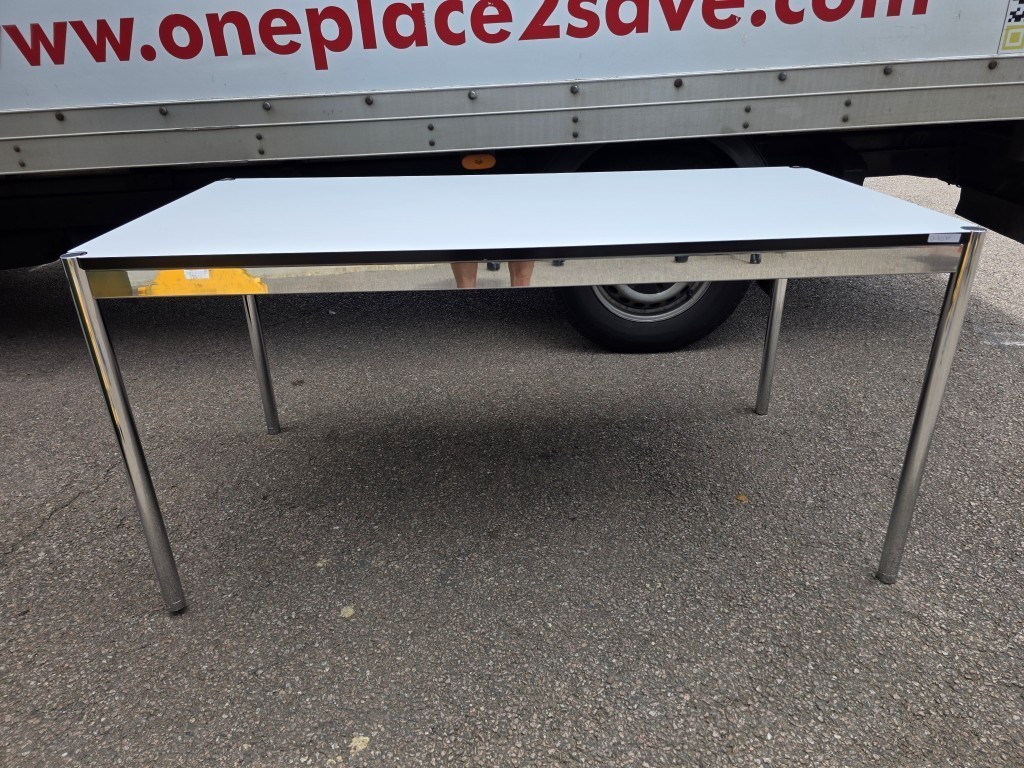 57-149 Rectangular Office Meeting Table - Grey Top Chrome Frame and Cable Tray - 150cm - Image 1