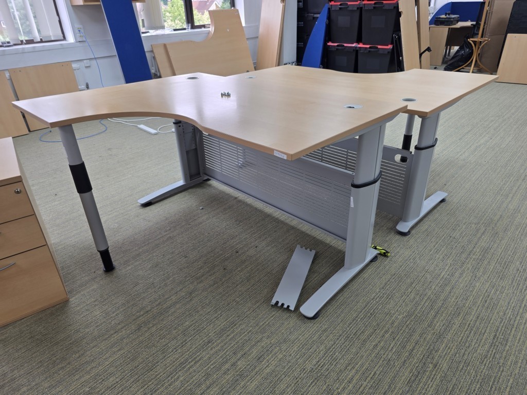 57-30 Left Hand Adjustable Desk with Wave Beech Top and 3 Drawer Pedestal - 160cm - Image 1