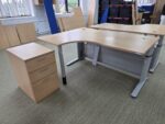 Left Hand Adjustable Desk with Wave Beech Top and 3 Drawer Pedestal - 160cm - Image 2