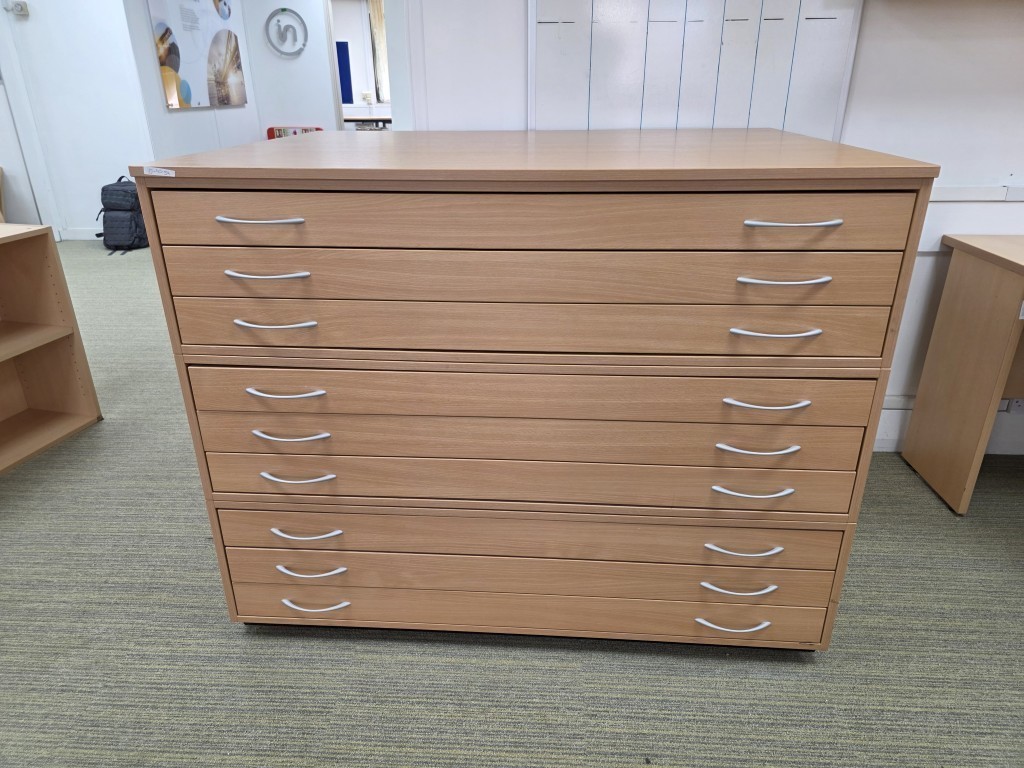 57-61 A0 Office Plan Chest | 9 Drawer Beech Effect Flat File Modular Cabinet - 130cm - Image 1