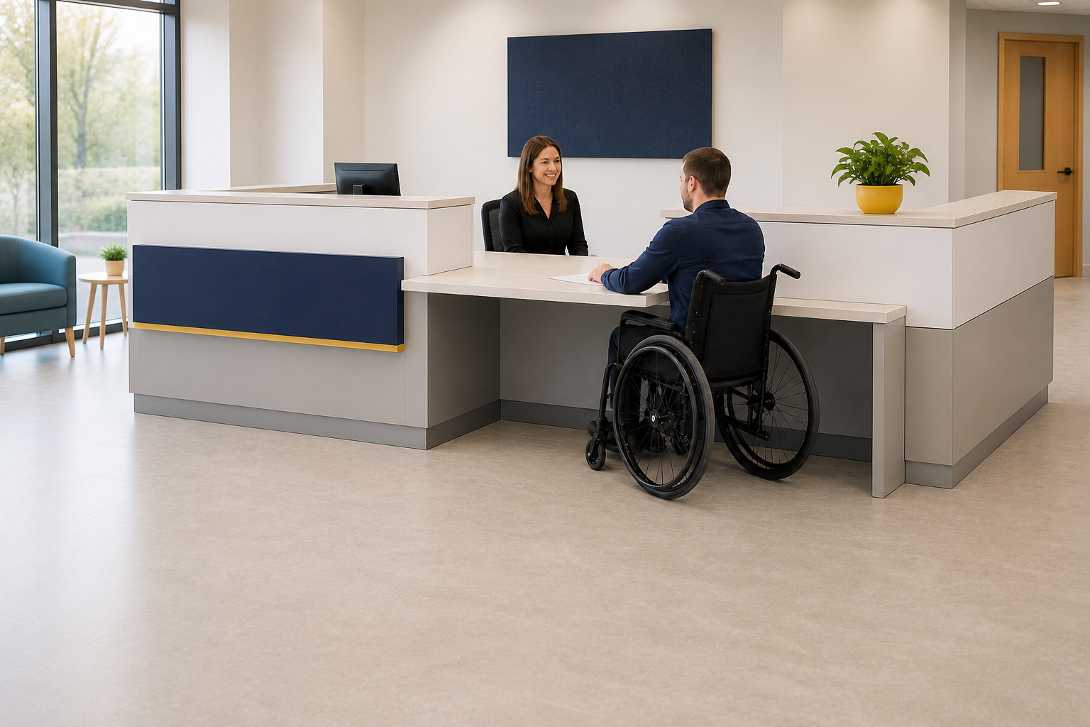 Accessible reception counter with a lower service section and clear approach
