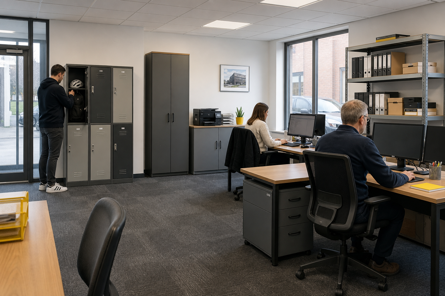 Coordinated workplace using refurbished lockers cupboards pedestals and office shelving