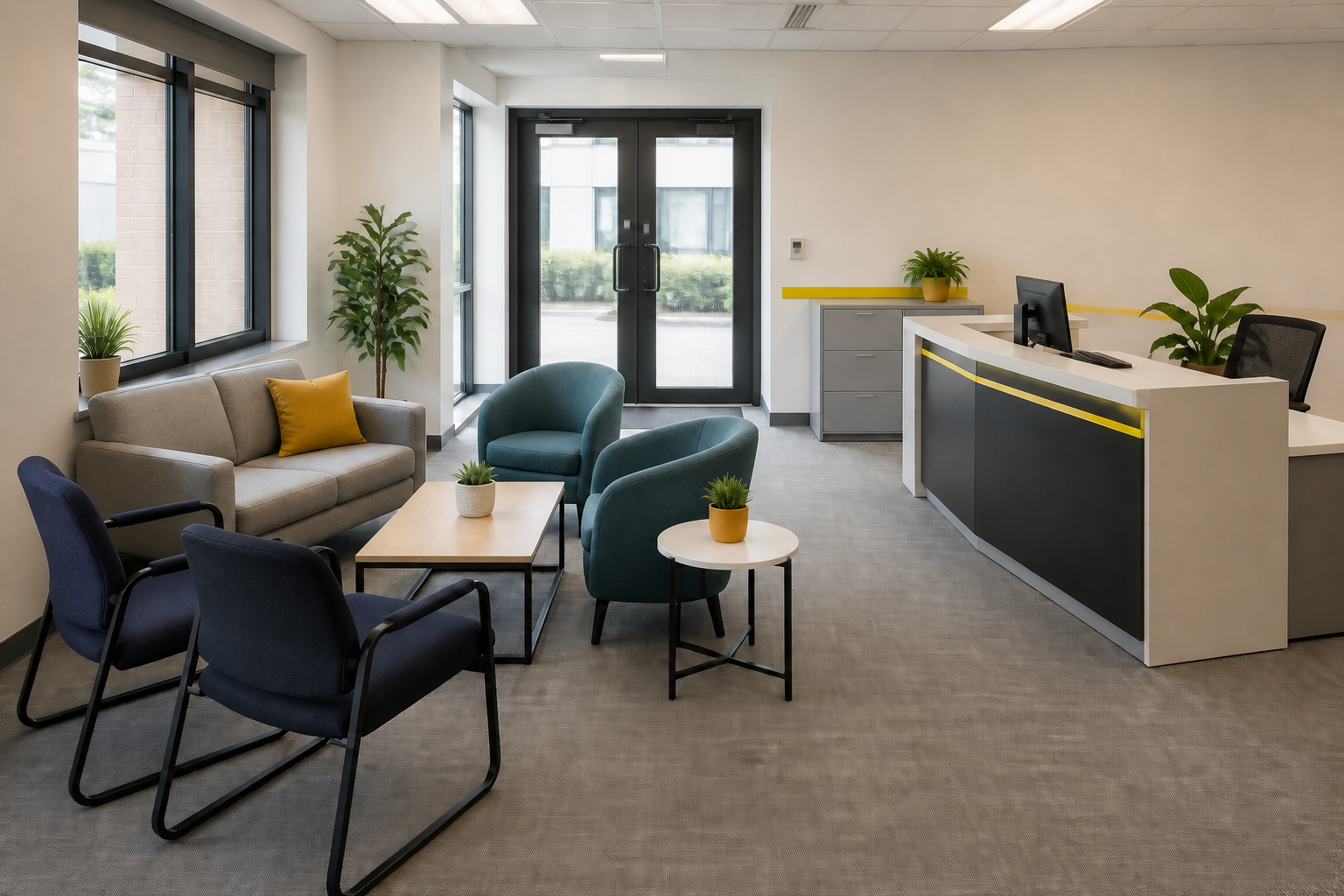 Coordinated workplace reception furnished with reused desks, seating and tables