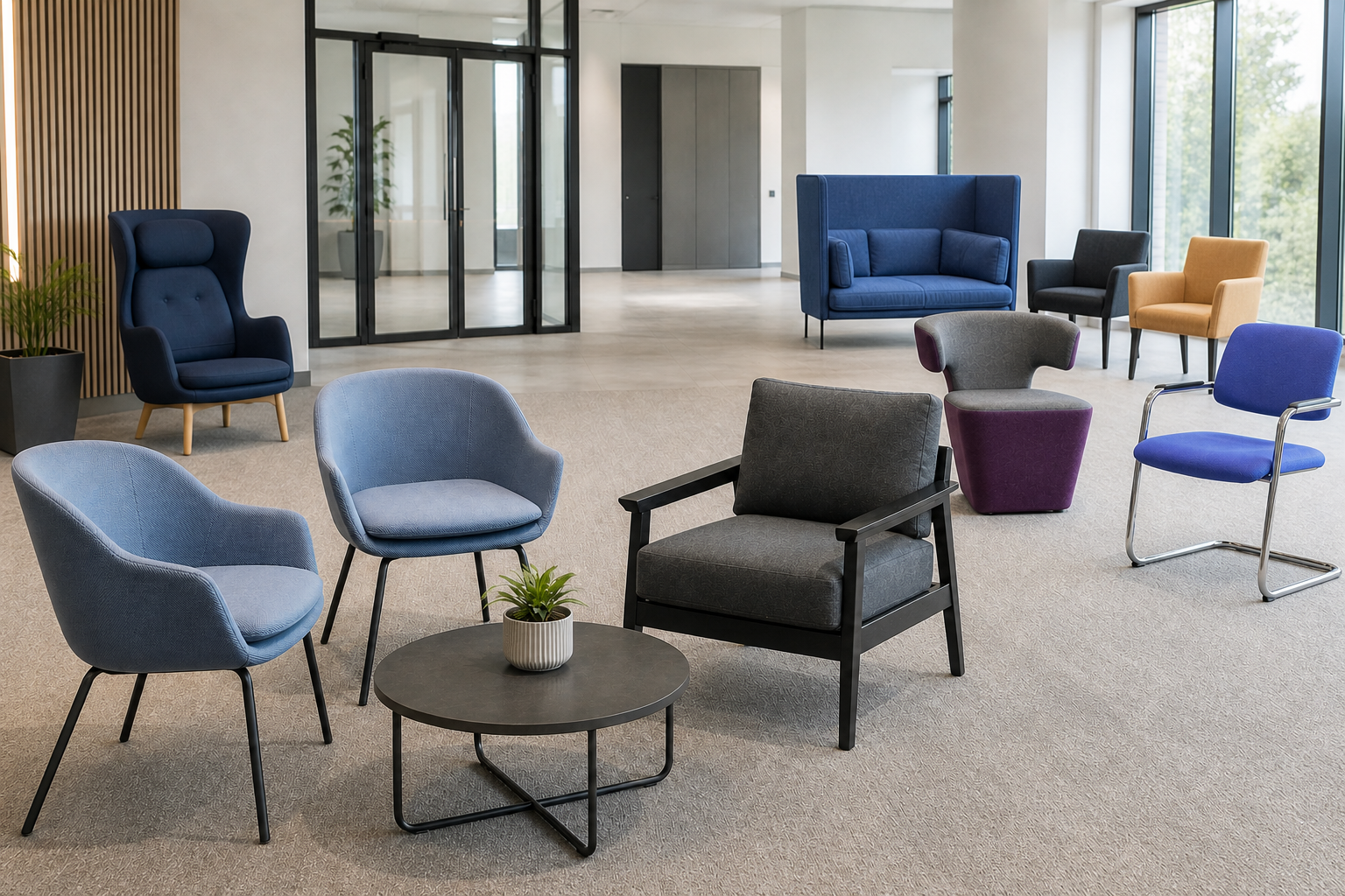 Different styles of used visitor chairs for a reception waiting area