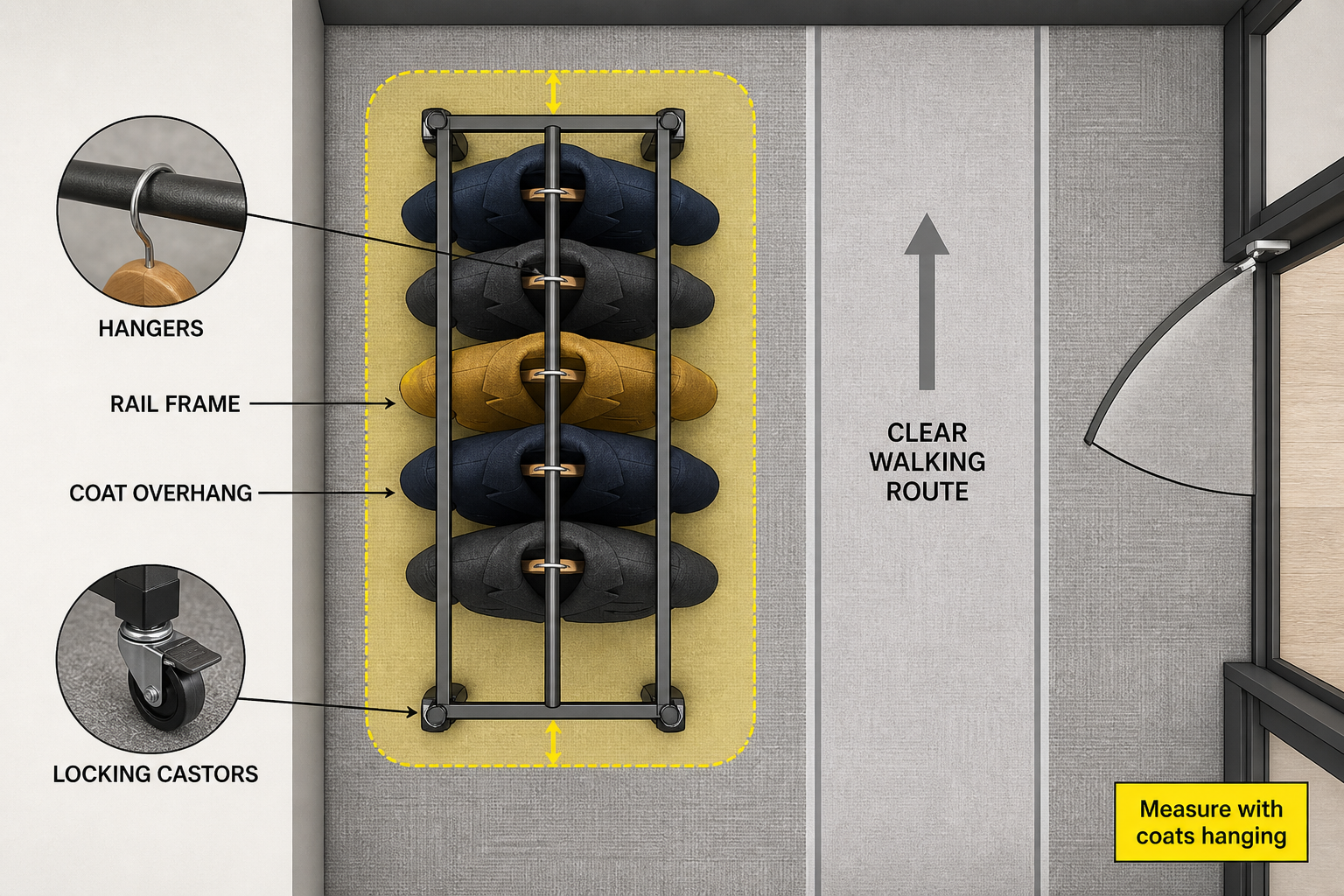 Office garment rail footprint showing coat clearance hangers castors and walking route