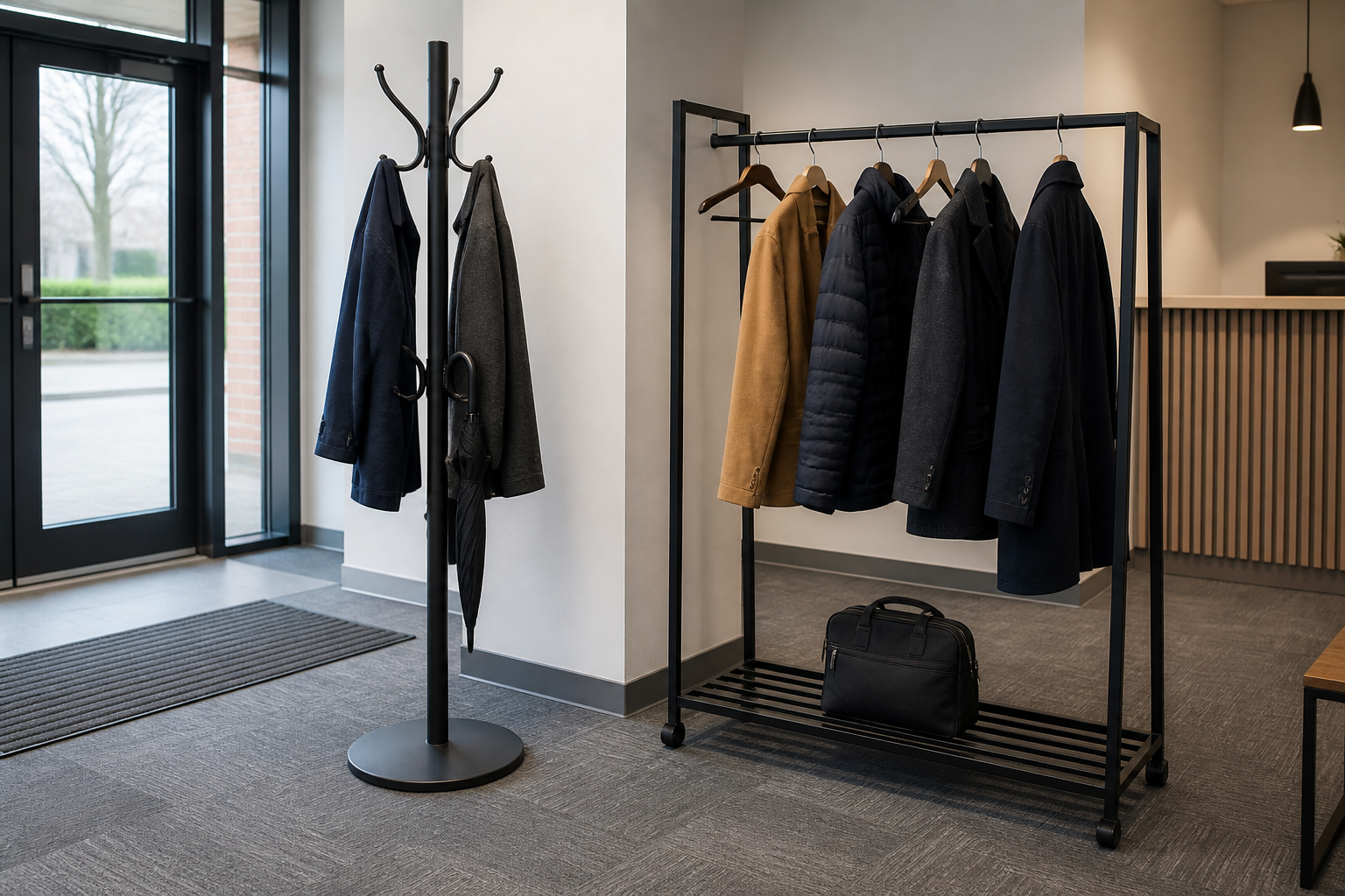 Used office coat stand and garment rail compared in a modern workplace entrance