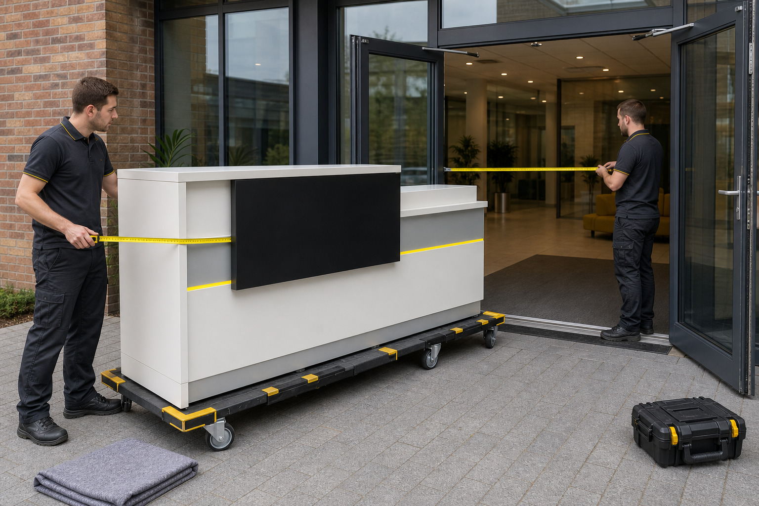 Large reception counter being measured for delivery through a commercial entrance