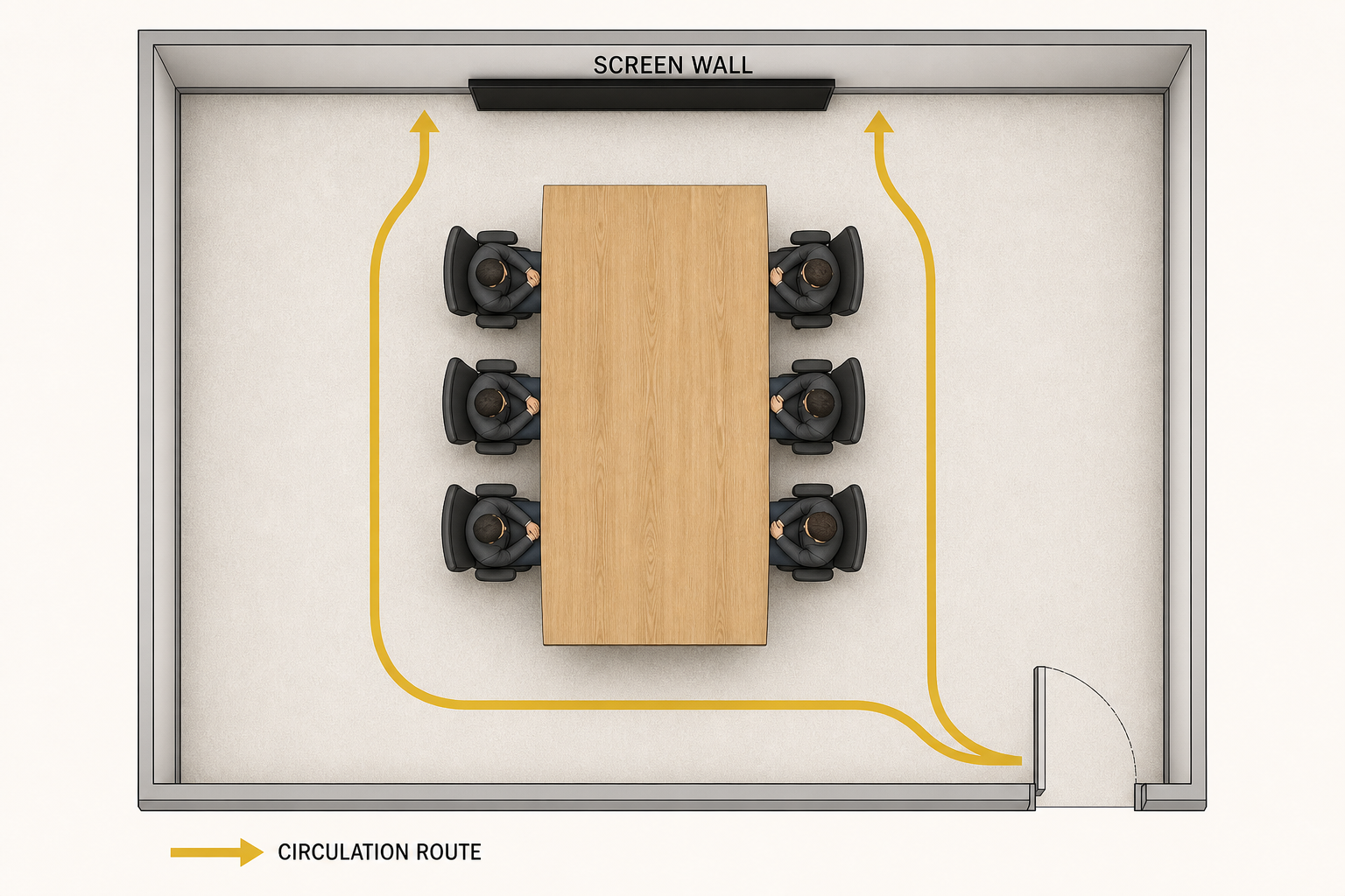 Meeting room floor plan showing table, occupied chairs, screen wall and circulation routes