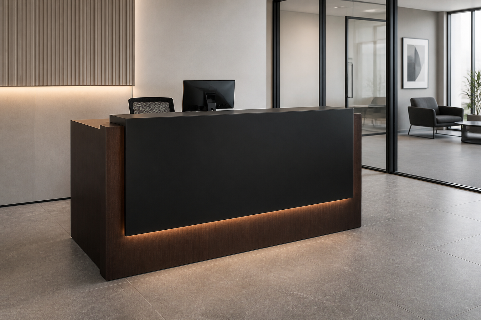 Commercial desk configured as a practical front-of-house staff workstation