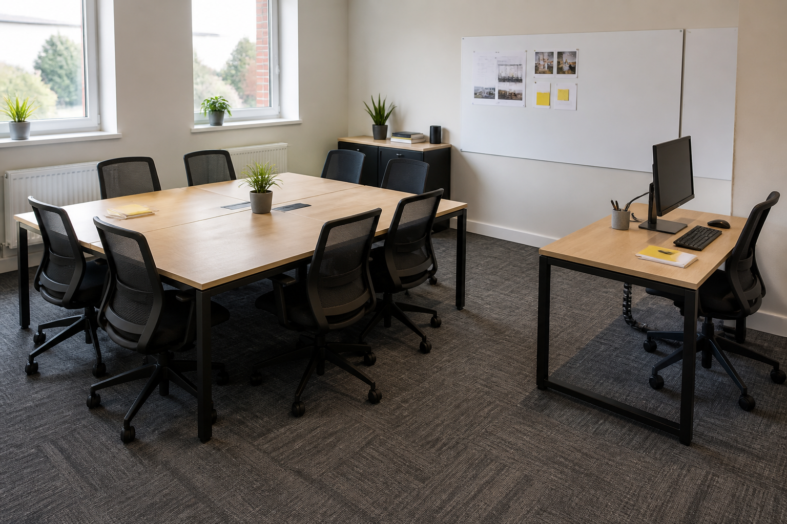 Modular used project tables arranged as a collaboration island and separate workstations