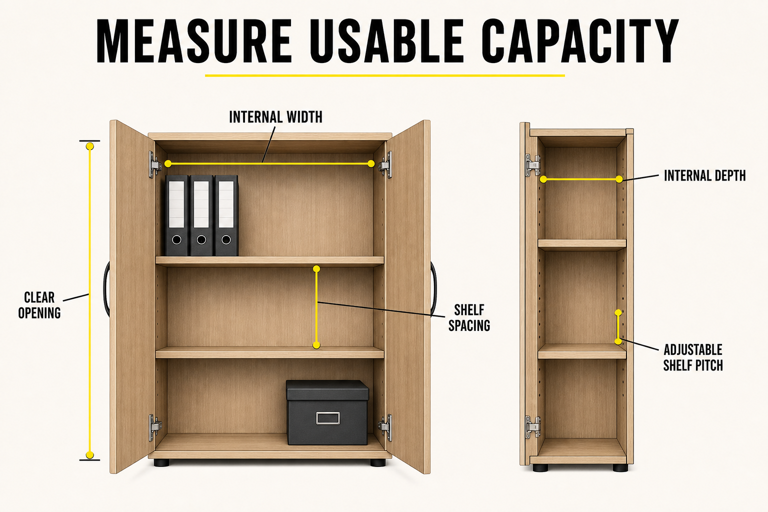 Office storage capacity measurement diagram showing internal clear dimensions and shelf spacing