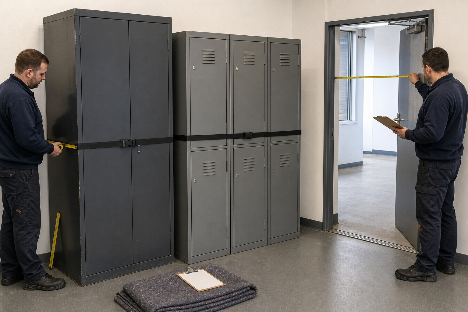 Large used office cupboard and locker bank being measured for delivery through a doorway