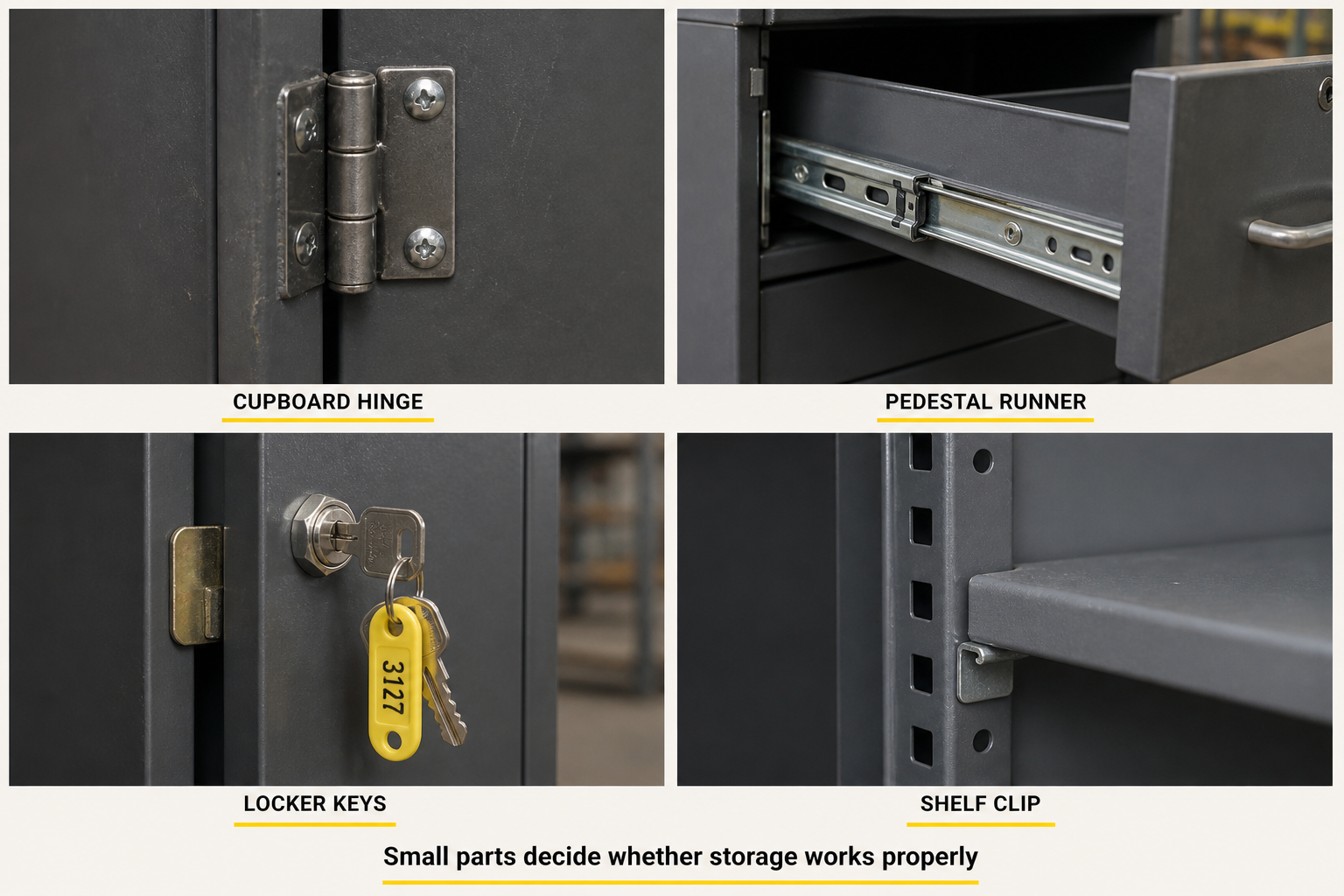 Close-up views of used cupboard hinges pedestal runners locker keys and shelf clips