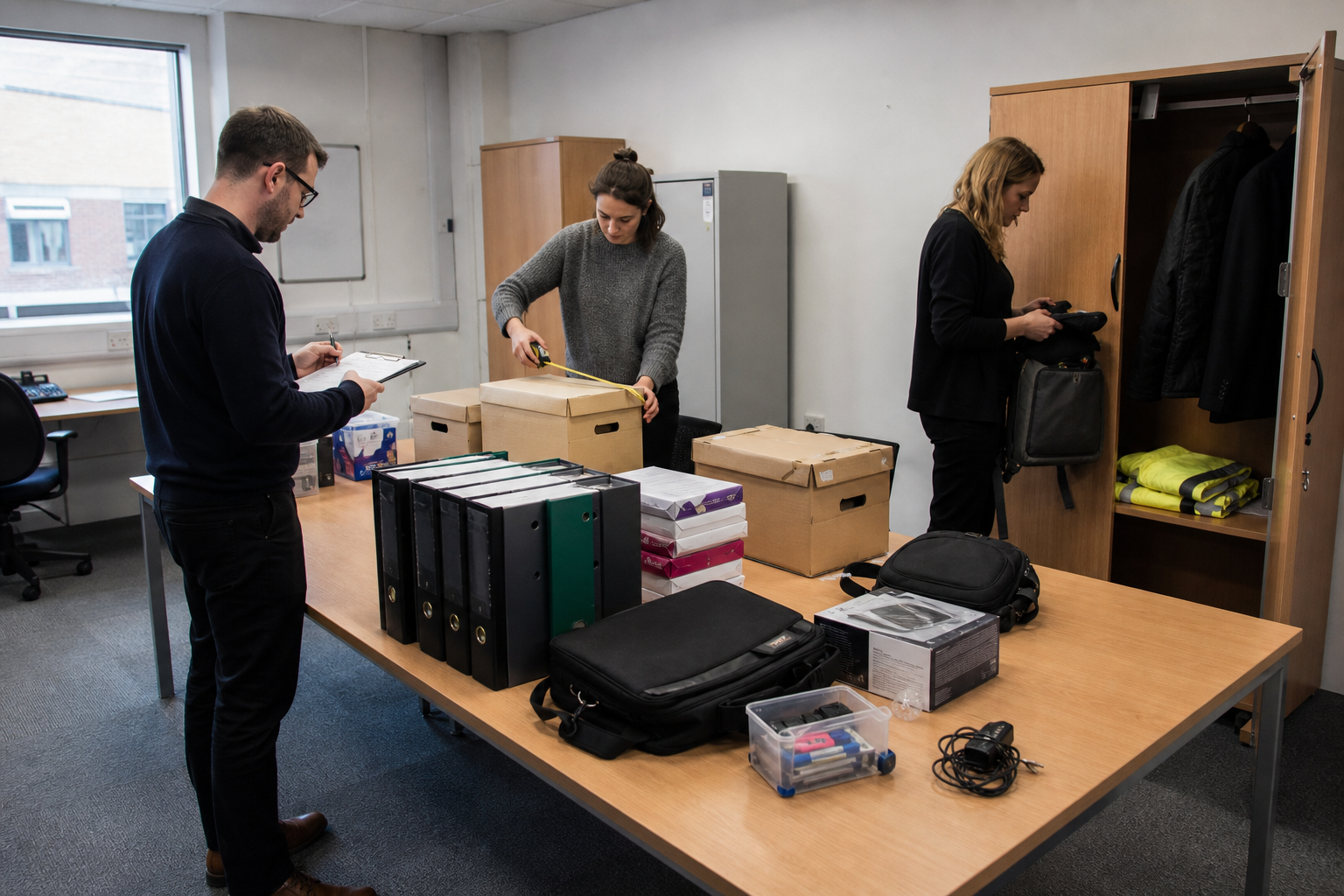 Office team auditing files bags supplies coats and equipment before choosing storage