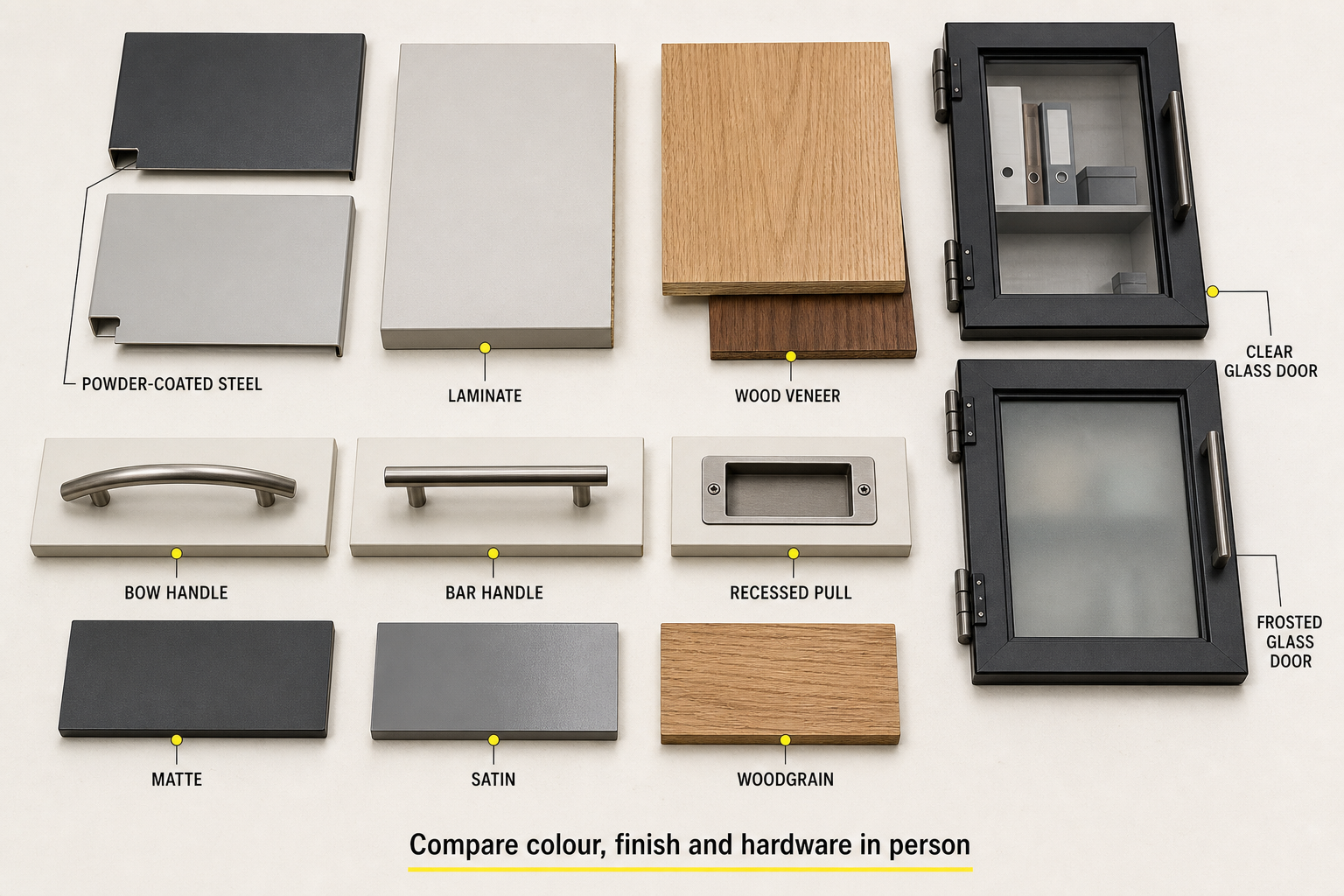 Office storage material palette with steel laminate veneer glass doors handles and finishes