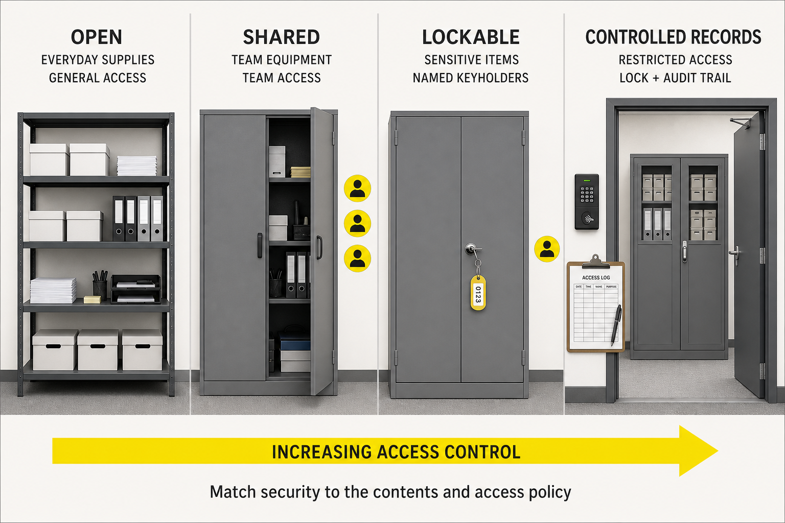 Office storage security diagram comparing open shared lockable and controlled record storage