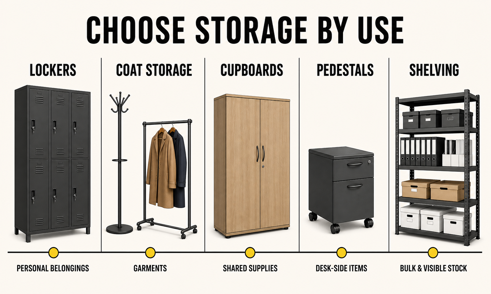 Diagram comparing lockers coat storage cupboards pedestals and shelving by office use