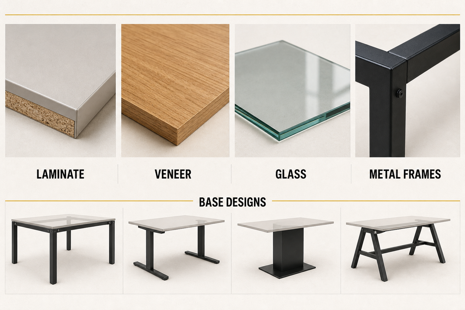 Office table material palette showing laminate, veneer, glass, metal frames and base designs