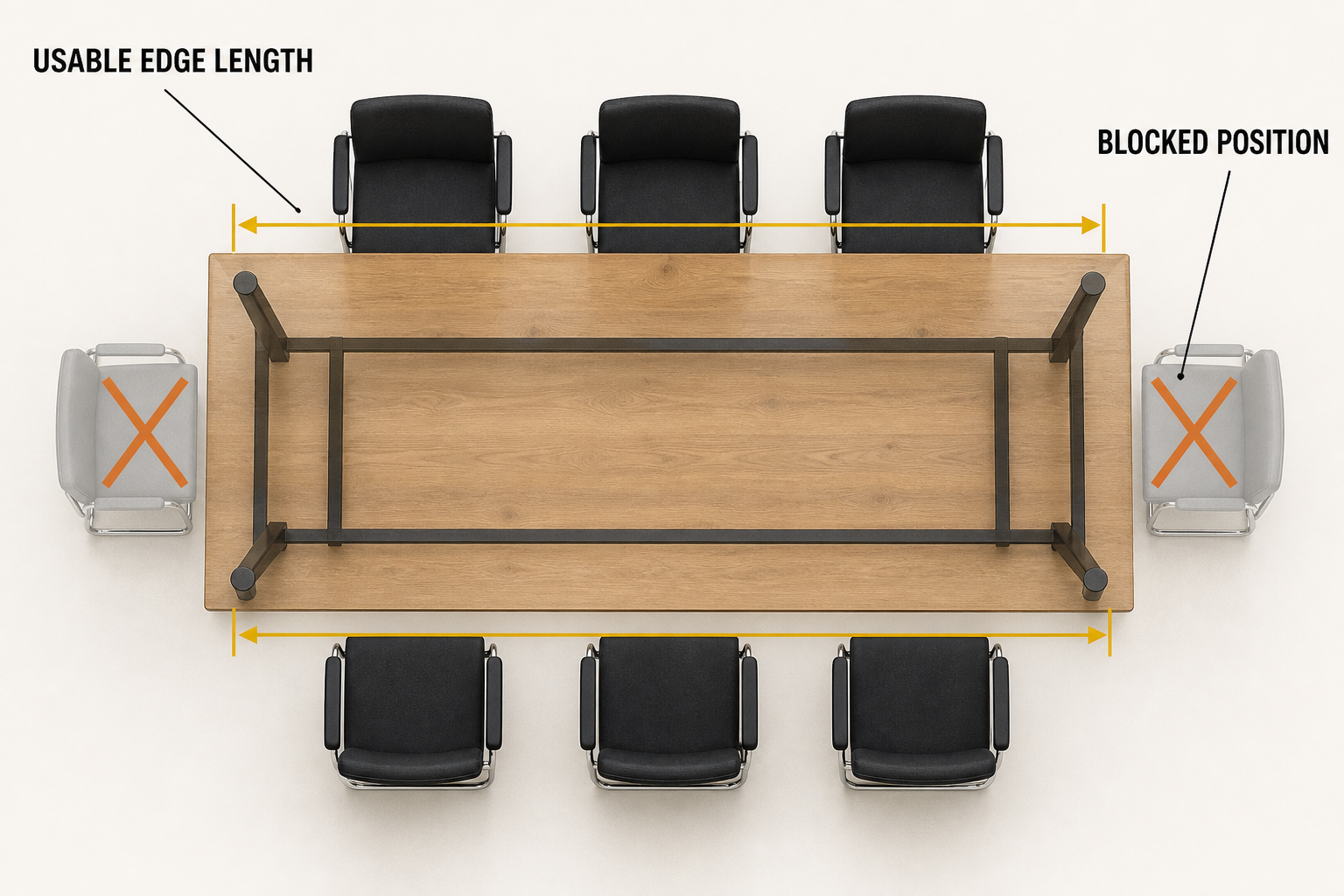 Office table seating-capacity diagram showing usable edge length and blocked positions