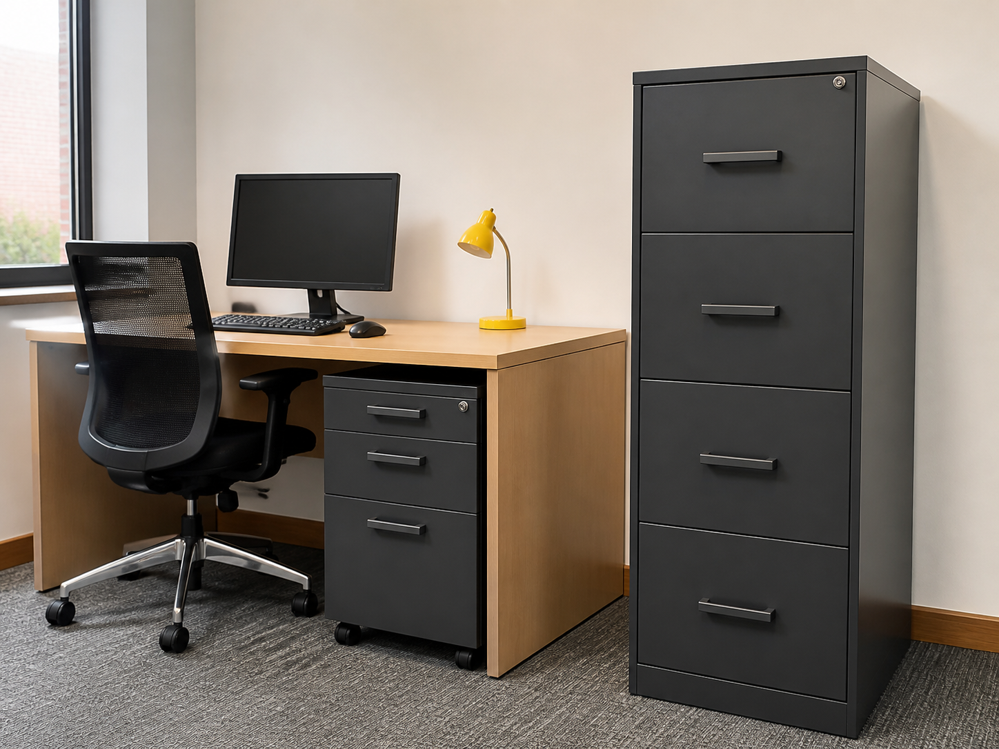 Used pedestal cabinet and filing cabinet compared beside an office workstation