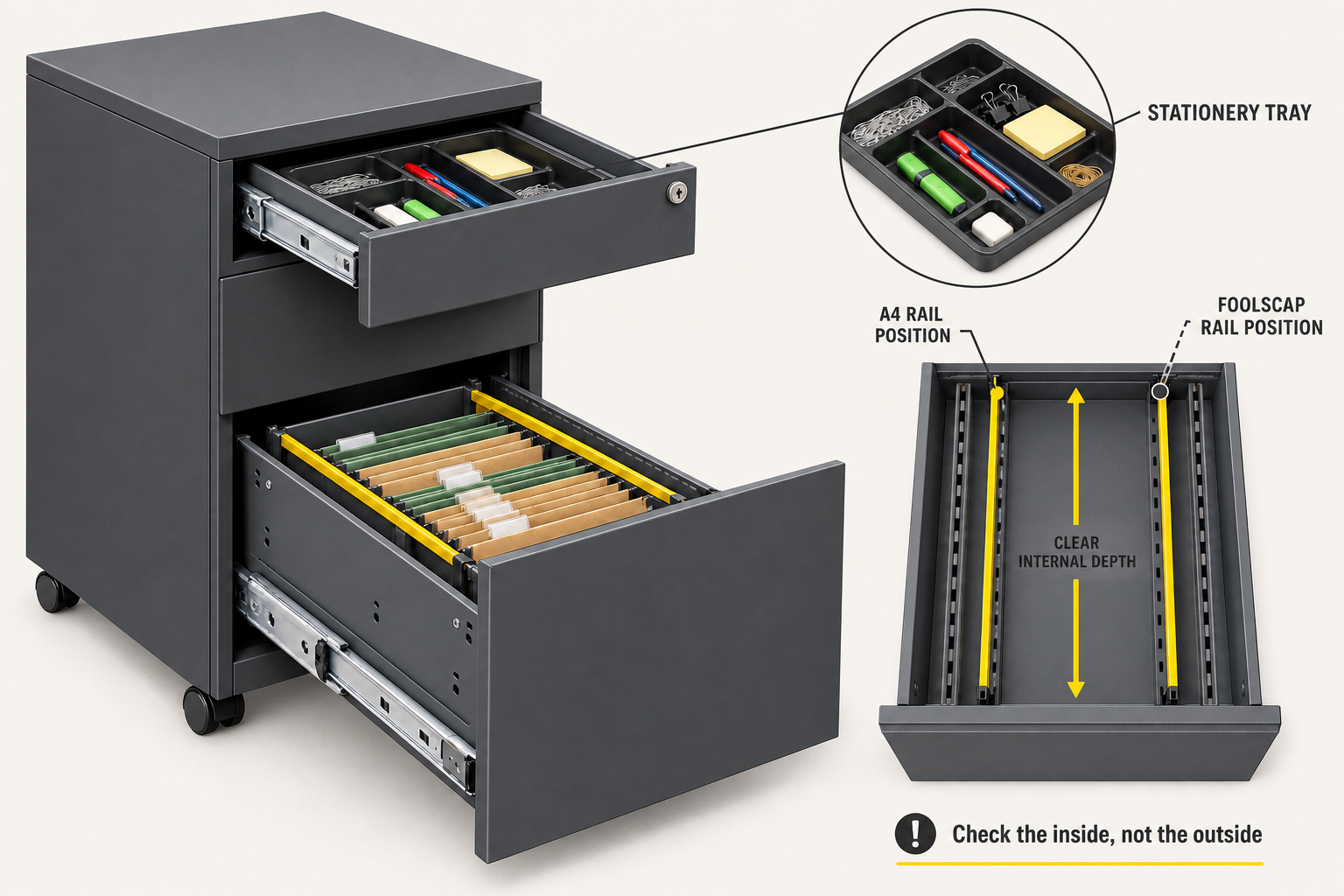 Pedestal filing drawer diagram showing A4 foolscap rails stationery trays and clear depth