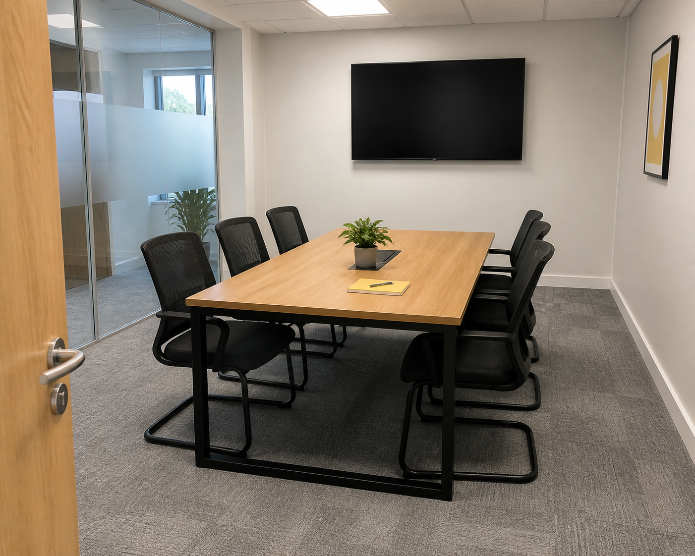 Used meeting table with chairs, presentation screen and practical room clearance