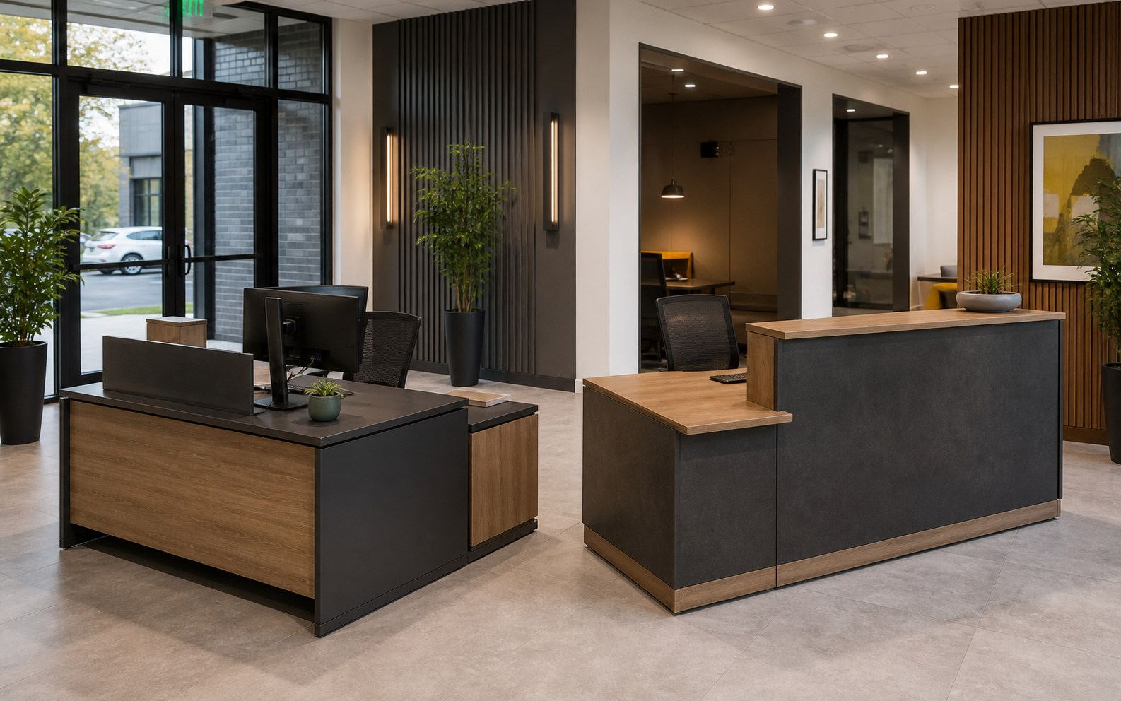 Reception desk and raised reception counter compared in a modern office entrance