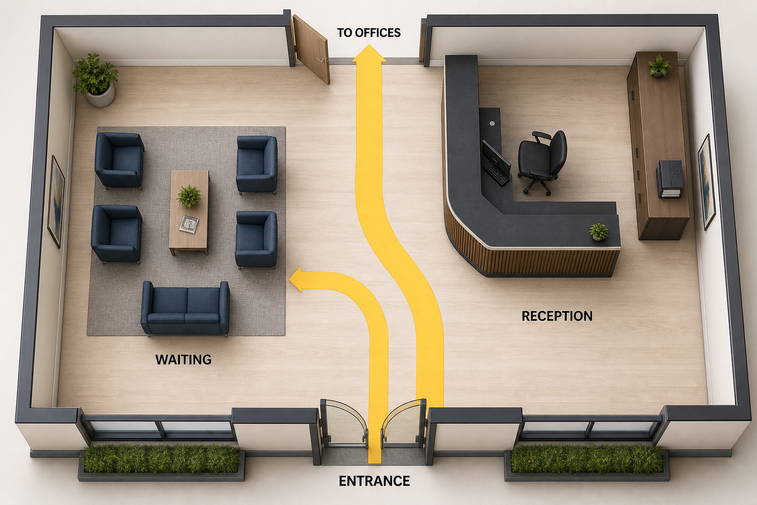 Reception floor plan showing entrance, counter, seating and circulation routes