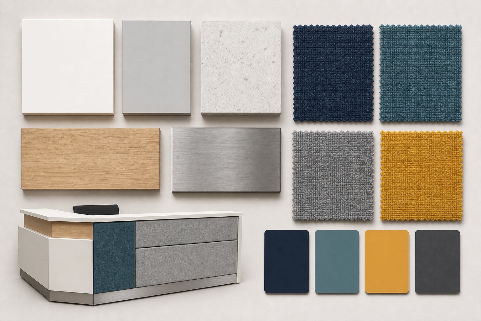 Reception furniture palette showing counter finishes, upholstery and branding colours