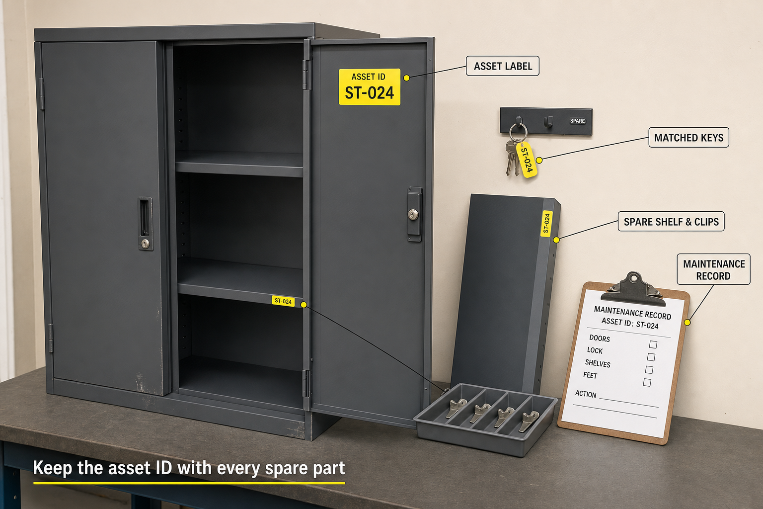 Reused office storage asset labels keys spare shelves and maintenance record