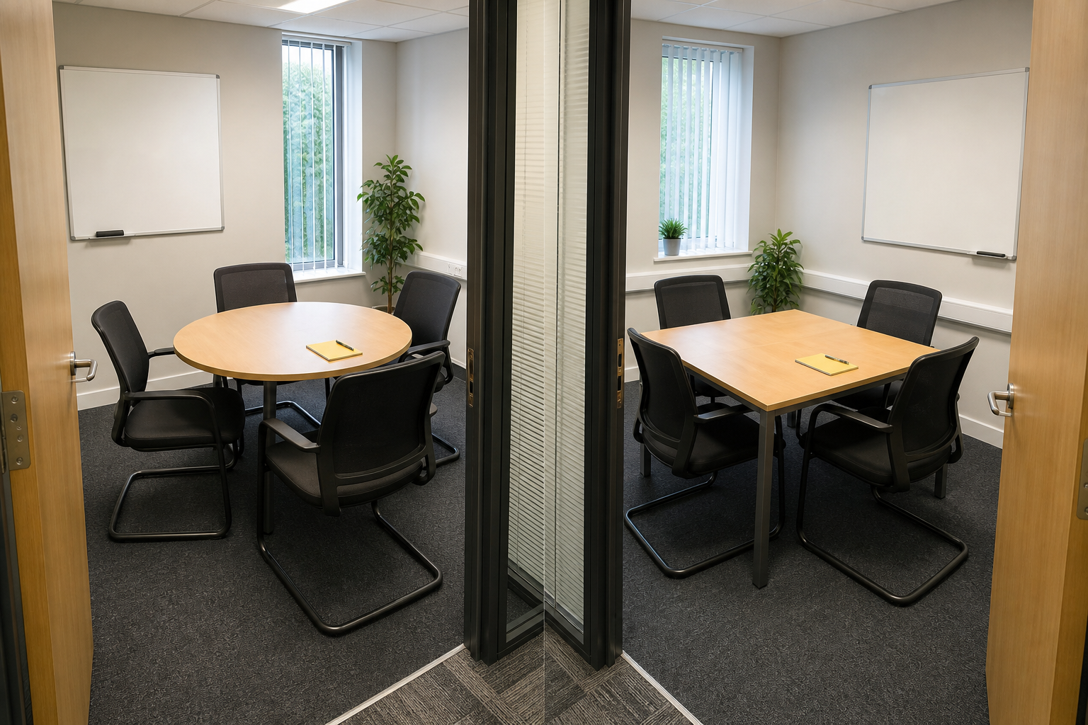 Round and square used meeting tables compared in compact office rooms