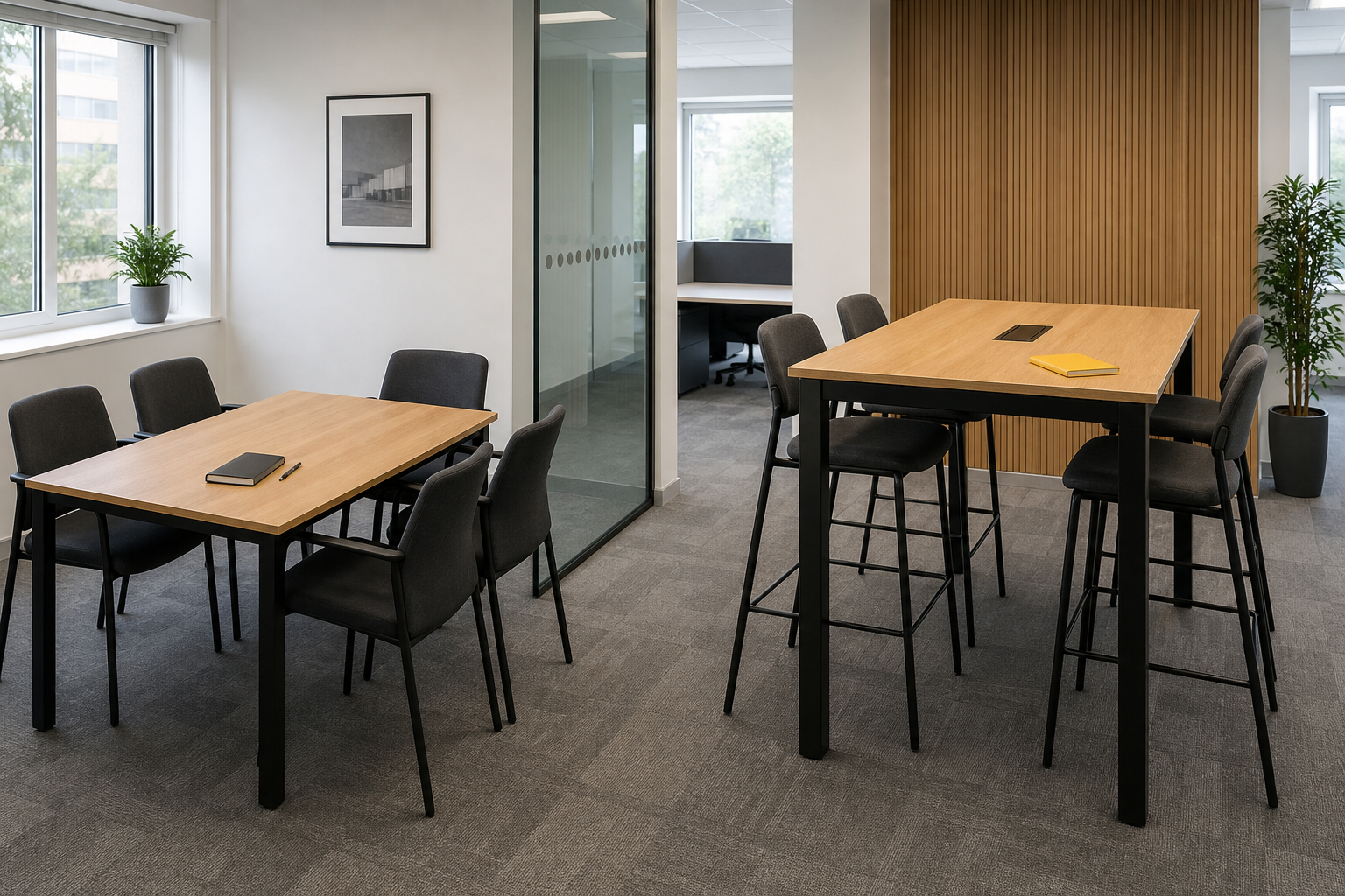 Comparison of seated meeting table and standing-height collaboration table with suitable chairs