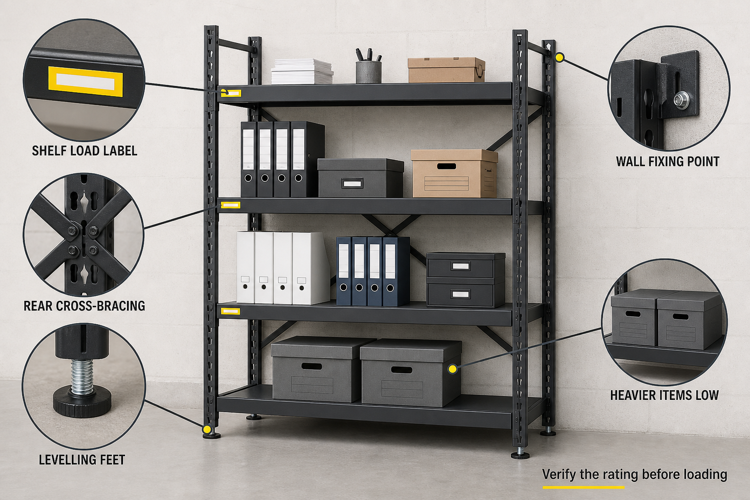 Office shelving and racking stability diagram showing load labels bracing levelling and fixing points