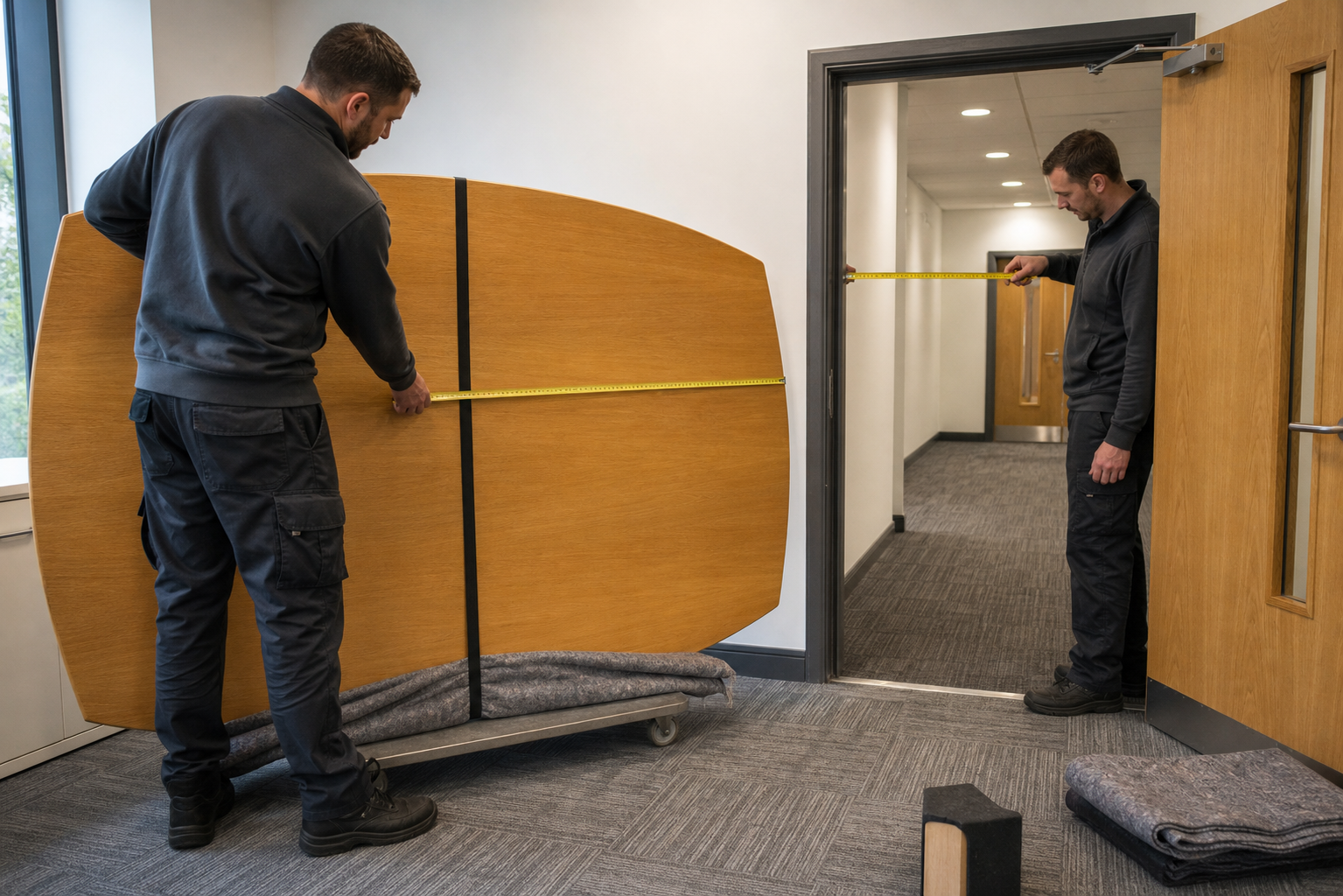 Large used boardroom table component being measured for delivery through an office doorway