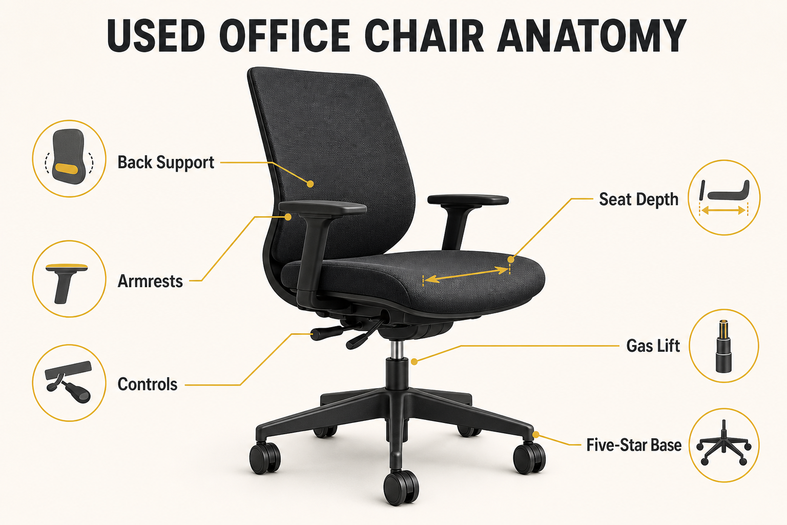 Used office chair anatomy diagram showing seat depth, back support, armrests, controls, gas lift and five-star base