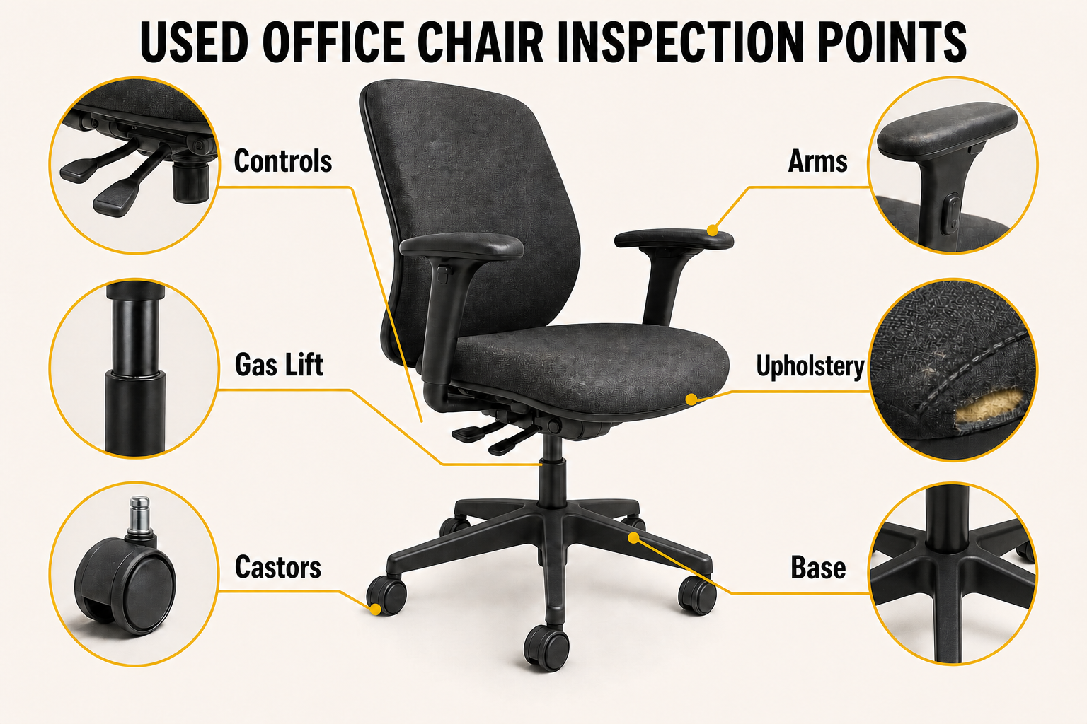 Used office chair inspection points at the controls, gas lift, arms, base, castors and upholstery