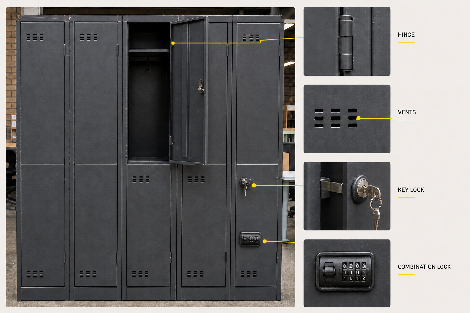 Close-up inspection of used office locker doors hinges vents keys and combination locks